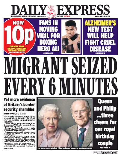 Daily Express Newspaper Front Page (UK) for 10 June 2016