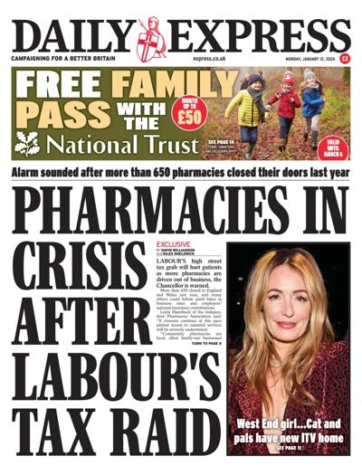 Daily Express Newspaper Front Page (UK) for 12 January 2026