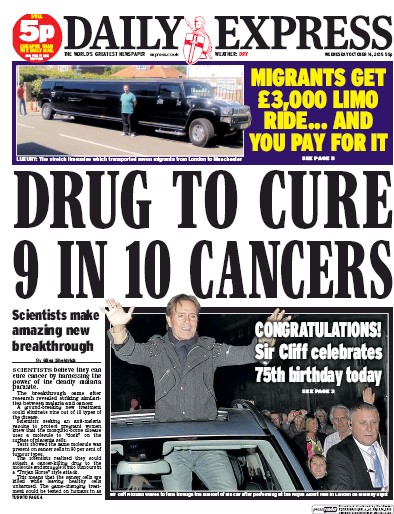 Daily Express Newspaper Front Page (UK) for 14 October 2015