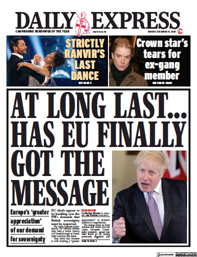 Daily Express Newspaper Front Page (UK) for 14 December 2020