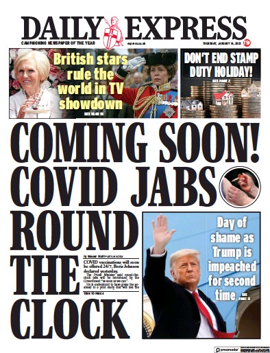 Daily Express Newspaper Front Page (UK) for 14 January 2021