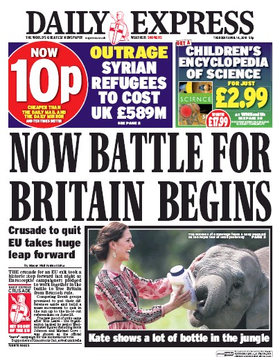 Daily Express Newspaper Front Page (UK) for 14 April 2016