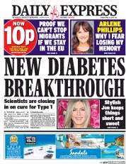 Daily Express (UK) Newspaper Front Page for 15 April 2016