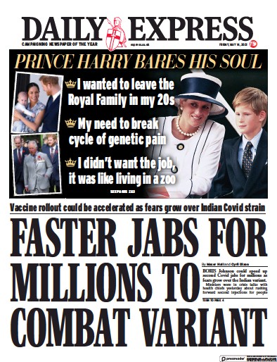 Daily Express Newspaper Front Page (UK) for 15 May 2021