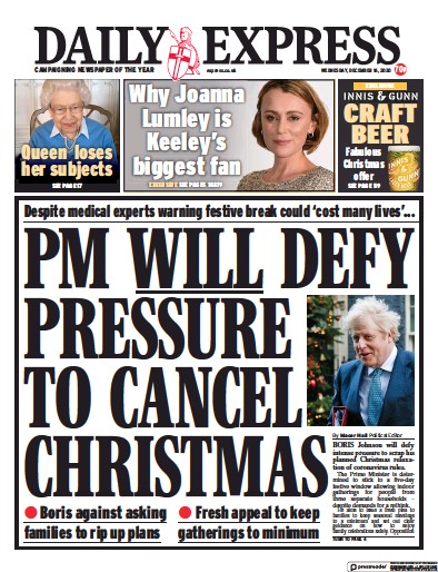 Daily Express Newspaper Front Page (UK) for 16 December 2020