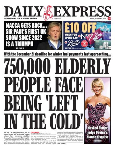 Daily Express Newspaper Front Page (UK) for 16 December 2024