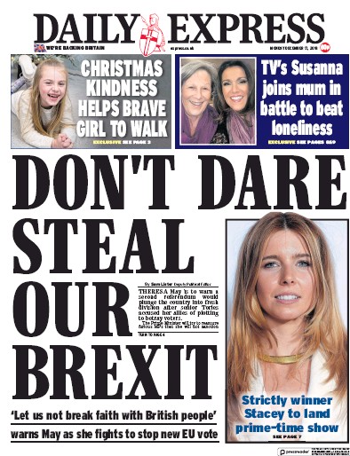 Daily Express Newspaper Front Page (UK) for 17 December 2018