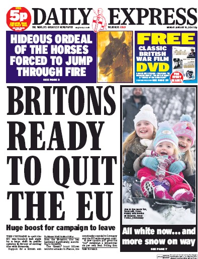 Daily Express Newspaper Front Page (UK) for 18 January 2016