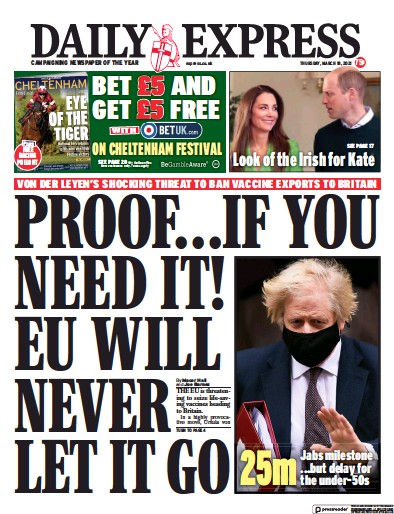 Daily Express Newspaper Front Page (UK) for 18 March 2021