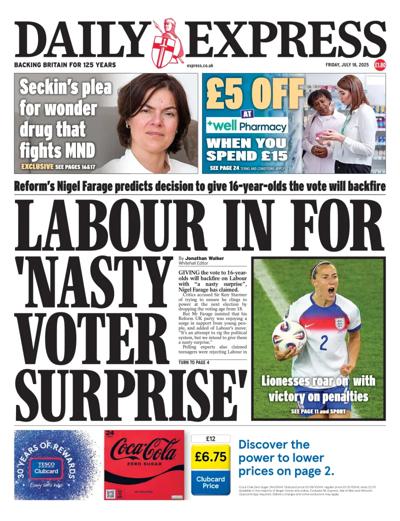 Daily Express Newspaper Front Page (UK) for 18 July 2025