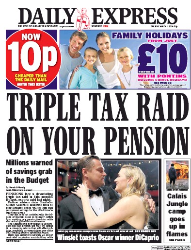 Daily Express Newspaper Front Page (UK) for 1 March 2016