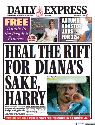 Daily Express Newspaper Front Page (UK) for 1 July 2021