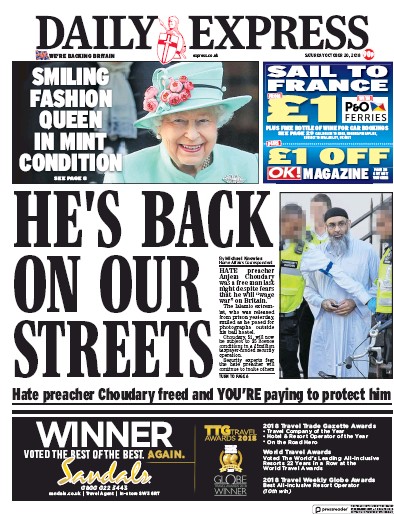 Daily Express Newspaper Front Page (UK) for 20 October 2018