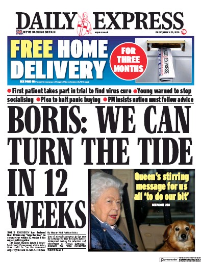 Daily Express Newspaper Front Page (UK) for 20 March 2020