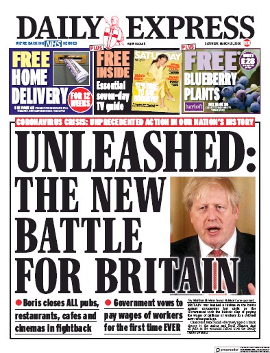 Daily Express Newspaper Front Page (UK) for 21 March 2020