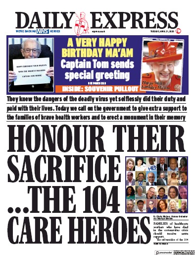 Daily Express Newspaper Front Page (UK) for 21 April 2020