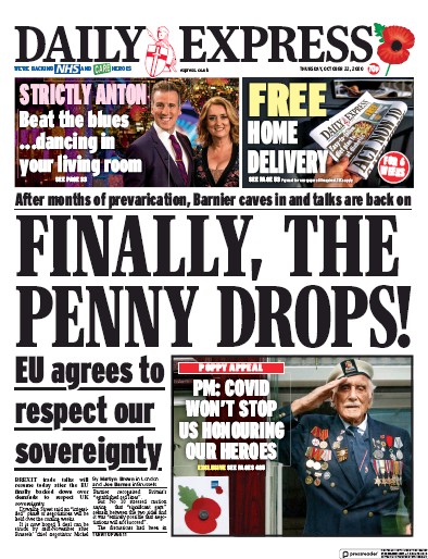 Daily Express Newspaper Front Page (UK) for 22 October 2020