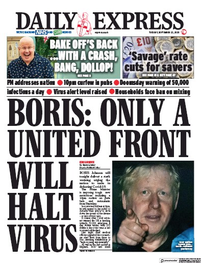 Daily Express Newspaper Front Page (UK) for 22 September 2020