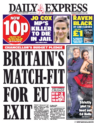 Daily Express Newspaper Front Page (UK) for 24 November 2016