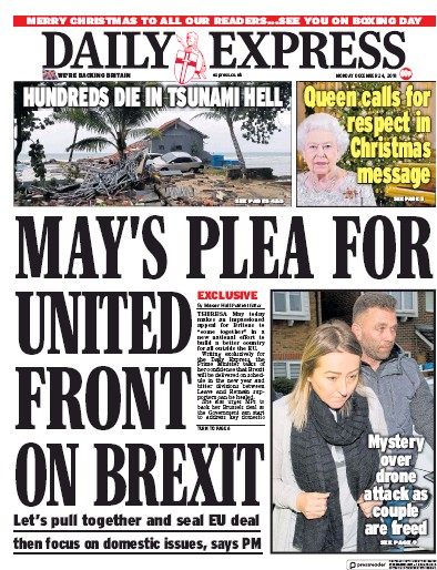 Daily Express Newspaper Front Page (UK) for 24 December 2018