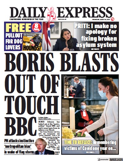 Daily Express Newspaper Front Page (UK) for 24 March 2021