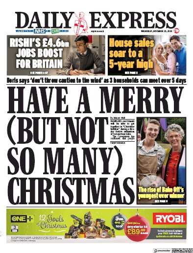 Daily Express Newspaper Front Page (UK) for 25 November 2020