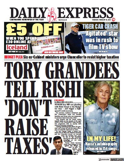 Daily Express Newspaper Front Page (UK) for 25 February 2021