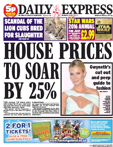 Daily Express Newspaper Front Page (UK) for 26 October 2015