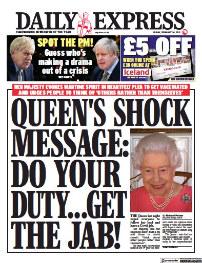 Daily Express Newspaper Front Page (UK) for 26 February 2021