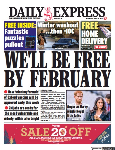 Daily Express Newspaper Front Page (UK) for 28 December 2020