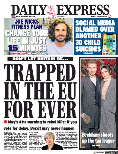 Daily Express Newspaper Front Page (UK) for 28 January 2019