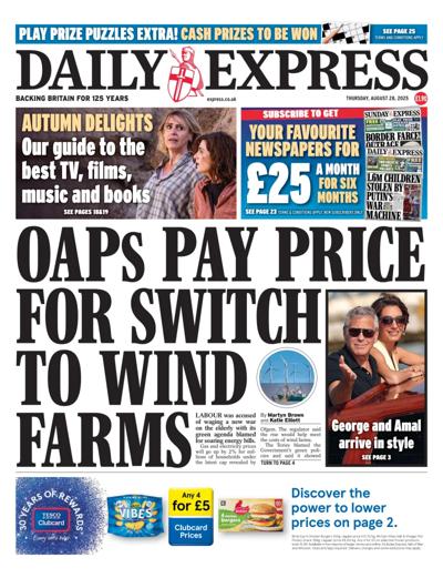 Daily Express Newspaper Front Page (UK) for 28 August 2025