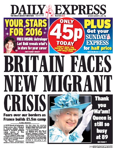 Daily Express Newspaper Front Page (UK) for 2 January 2016