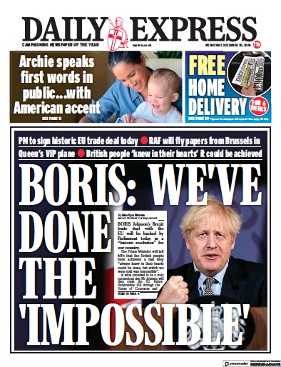 Daily Express Newspaper Front Page (UK) for 30 December 2020