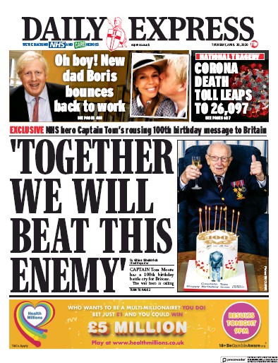 Daily Express Newspaper Front Page (UK) for 30 April 2020