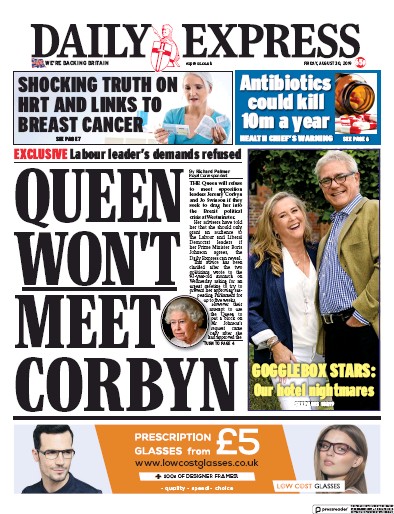 Daily Express Newspaper Front Page (UK) for 30 August 2019