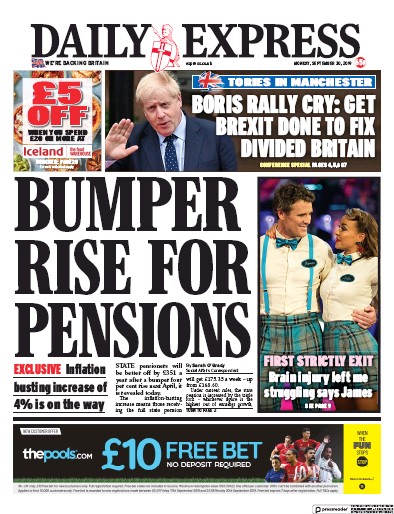 Daily Express Newspaper Front Page (UK) for 30 September 2019