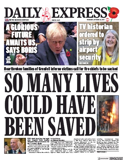 Daily Express Newspaper Front Page (UK) for 31 October 2019