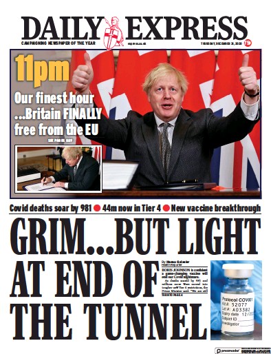 Daily Express Newspaper Front Page (UK) for 31 December 2020