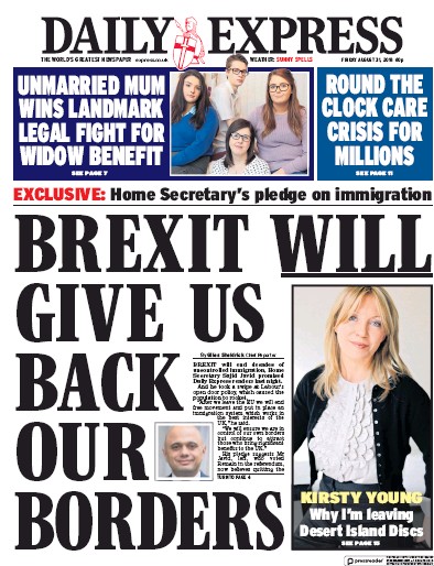 Daily Express Newspaper Front Page (UK) for 31 August 2018