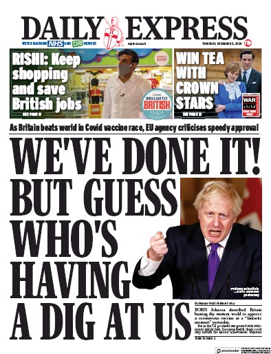 Daily Express Newspaper Front Page (UK) for 3 December 2020