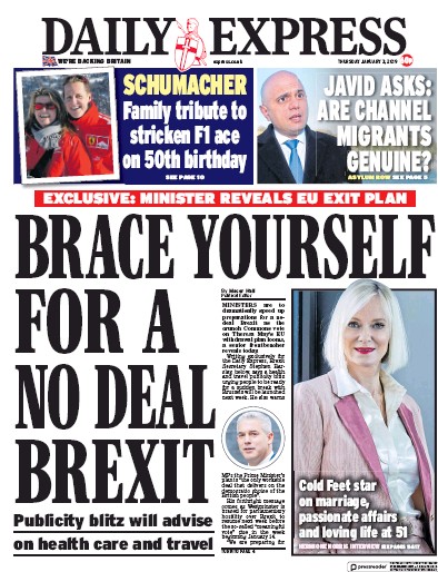 Daily Express Newspaper Front Page (UK) for 3 January 2019