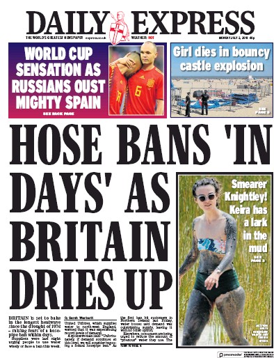 Daily Express Newspaper Front Page (UK) for 3 July 2018