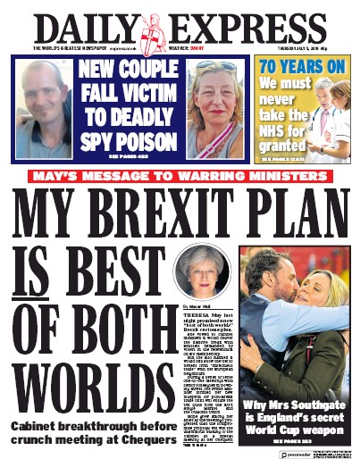 Daily Express Newspaper Front Page (UK) for 5 July 2018