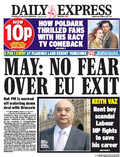 Daily Express Newspaper Front Page (UK) for 5 September 2016