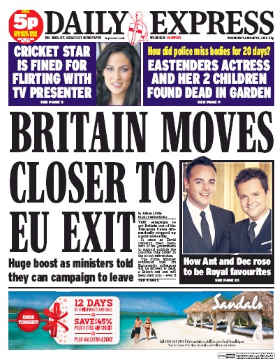 Daily Express Newspaper Front Page (UK) for 6 January 2016