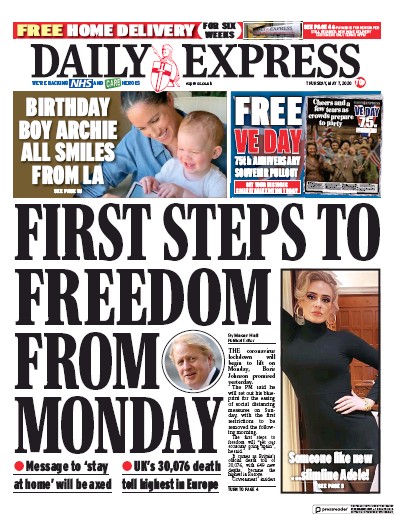 Daily Express Newspaper Front Page (UK) for 7 May 2020