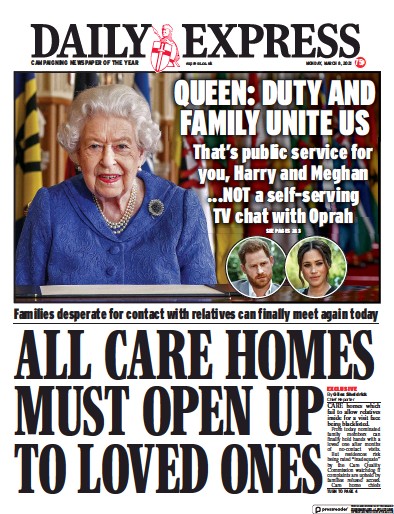 Daily Express Newspaper Front Page (UK) for 8 March 2021