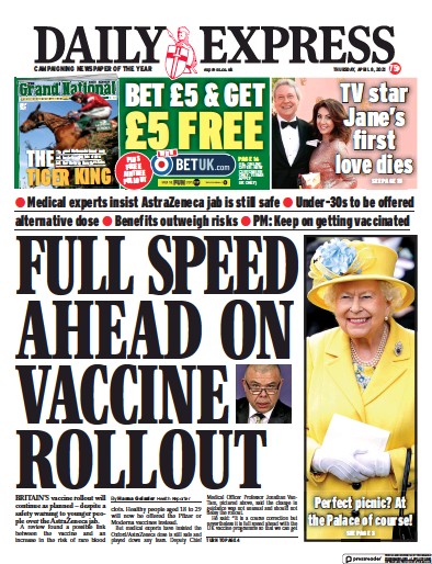 Daily Express Newspaper Front Page (UK) for 8 April 2021