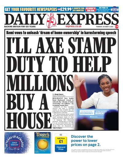 Daily Express Newspaper Front Page (UK) for 9 October 2025